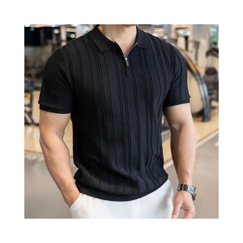 2025 Summer New Style Half Zip Short Sleeve Men s Shirt Solid Color Slim Fit Stylish Versatile Wrinkle Free Turn Down Collar Knit Sweater image 1