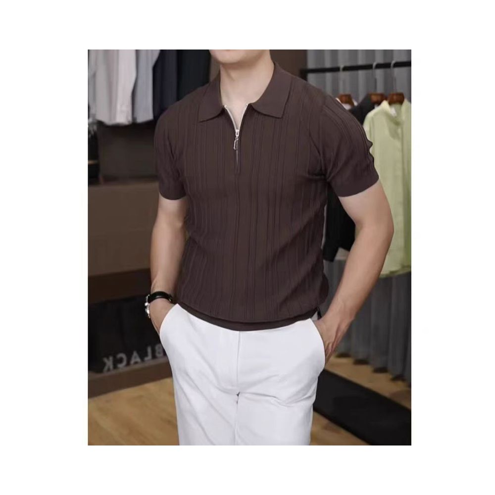 2025 Summer New Style Half Zip Short Sleeve Men s Shirt Solid Color Slim Fit Stylish Versatile Wrinkle Free Turn Down Collar Knit Sweater image 3